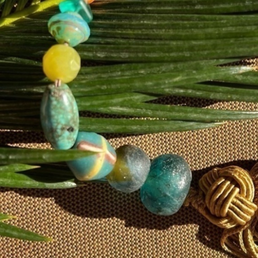 🔴 Antistress Beach glass, turquoise,coral &crystals hand charm silk tassle
